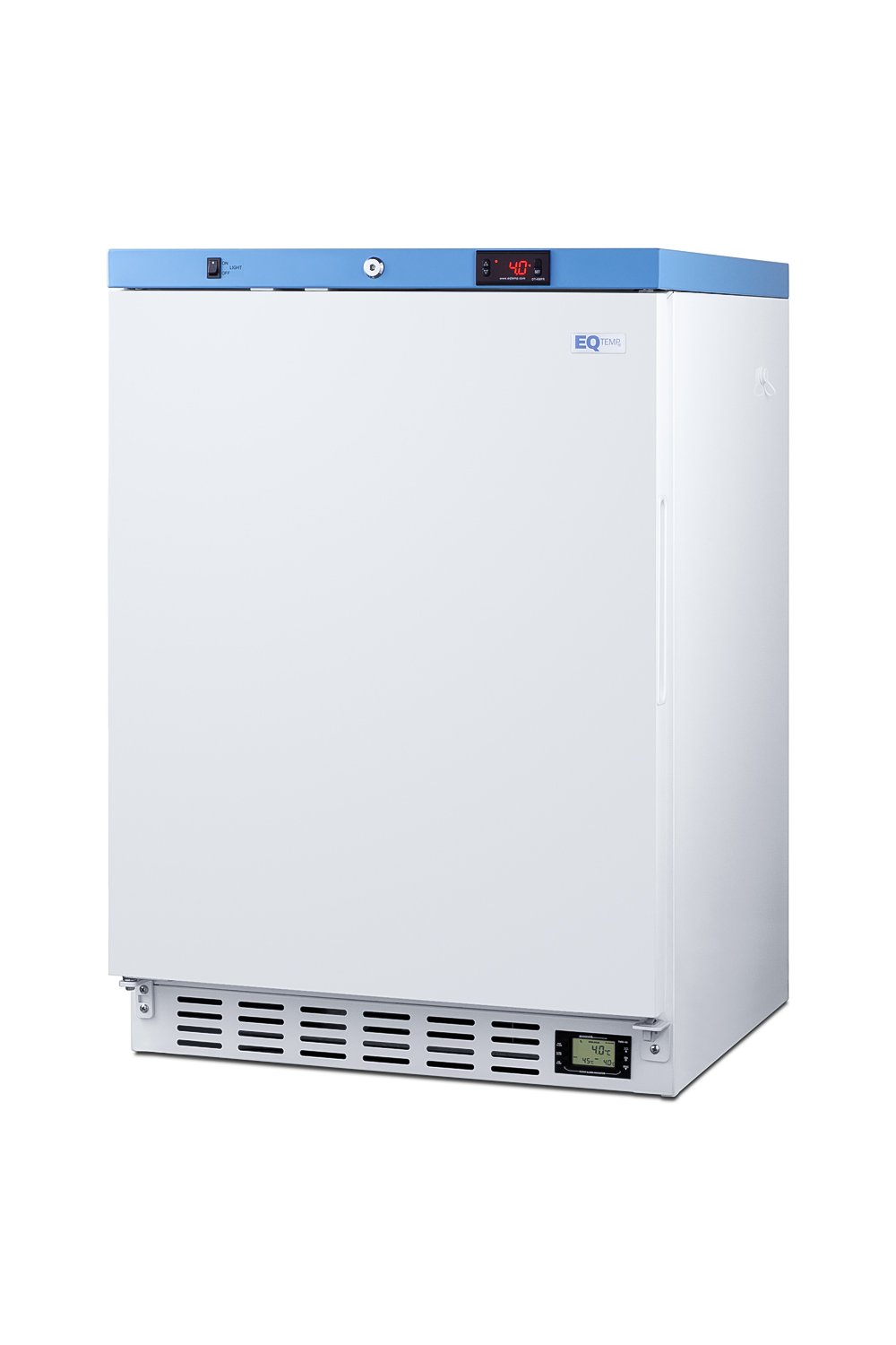 Built-In healthcare all-refrigerator certified to NSF/ANSI 456 with self-closing glass door, front lock, digital controls, and NIST calibrated temperature readout